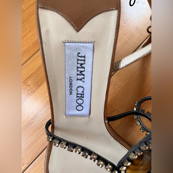 Jimmy Choo Brown Leather Crystal Embellished Slide Ankle Strap Sandals Size 38 - Picture 10 of 11
